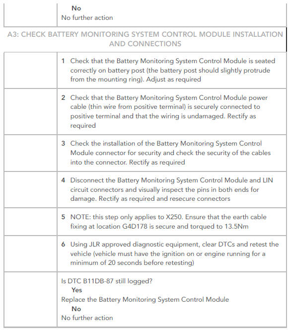DIAGNOSTIC PROCEDURES FOR DTC B11 DB - 87 ( BATTERY MONITORING MODULE " A " - MISSING MESSAGE )